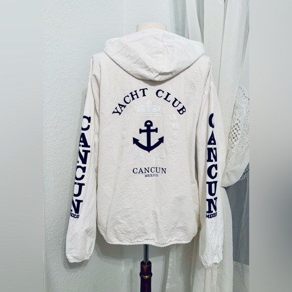 Tops - VINTAGE Yacht Club Cancun Mexico Linen Full Zip Hoodie - Size Large Unisex EUC